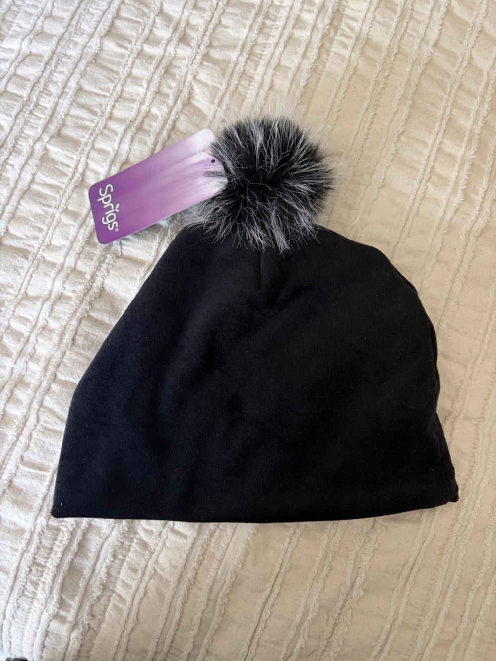 Sprigs Black Beanie with Faux Fur Pom
